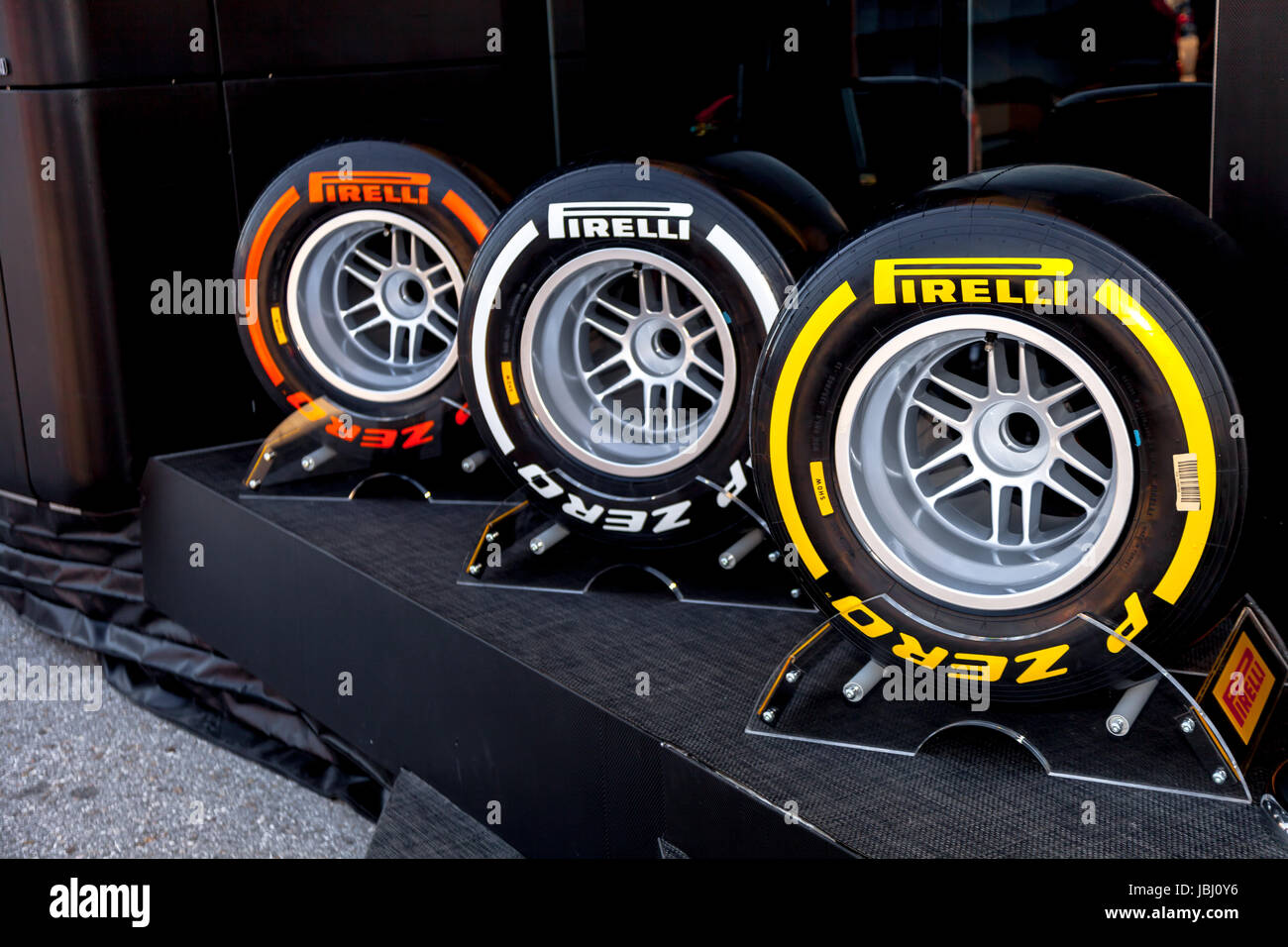 JEREZ DE LA FRONTERA, SPAIN - FEB 05: Exposition of the several sets of pneumatic tires Pirelli for the championship of Formula 1 of 2013 on February 05 , 2013, in Jerez de la Frontera , Spain Stock Photo
