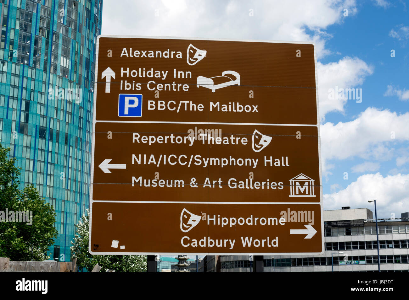 Recreational attractions road sign, Birmingham city centre, UK Stock Photo
