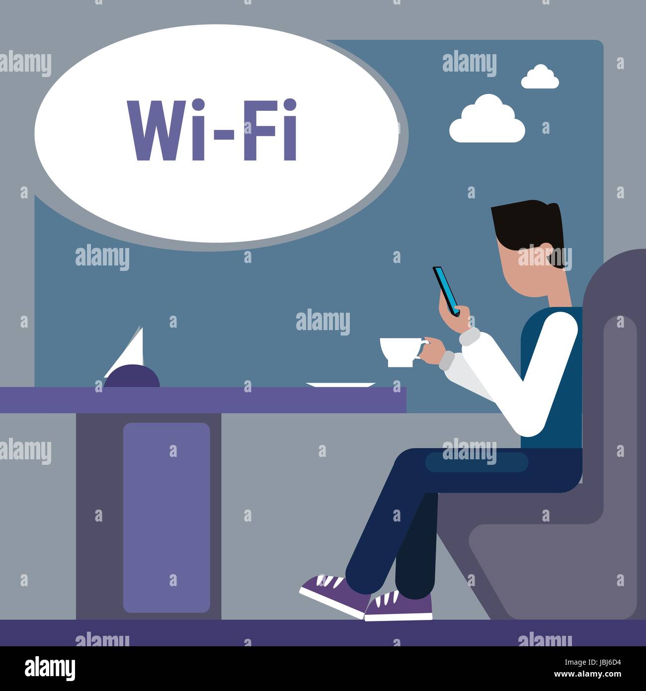 Man Sitting At Cafe Table Use Cell Smart Phone Internet Through Wifi Wireless Online Connection Stock Vector