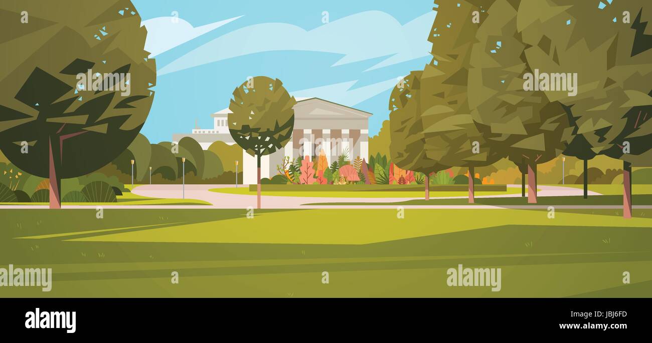 Summer City Park With Town Building Background Green Trees And Wooden ...