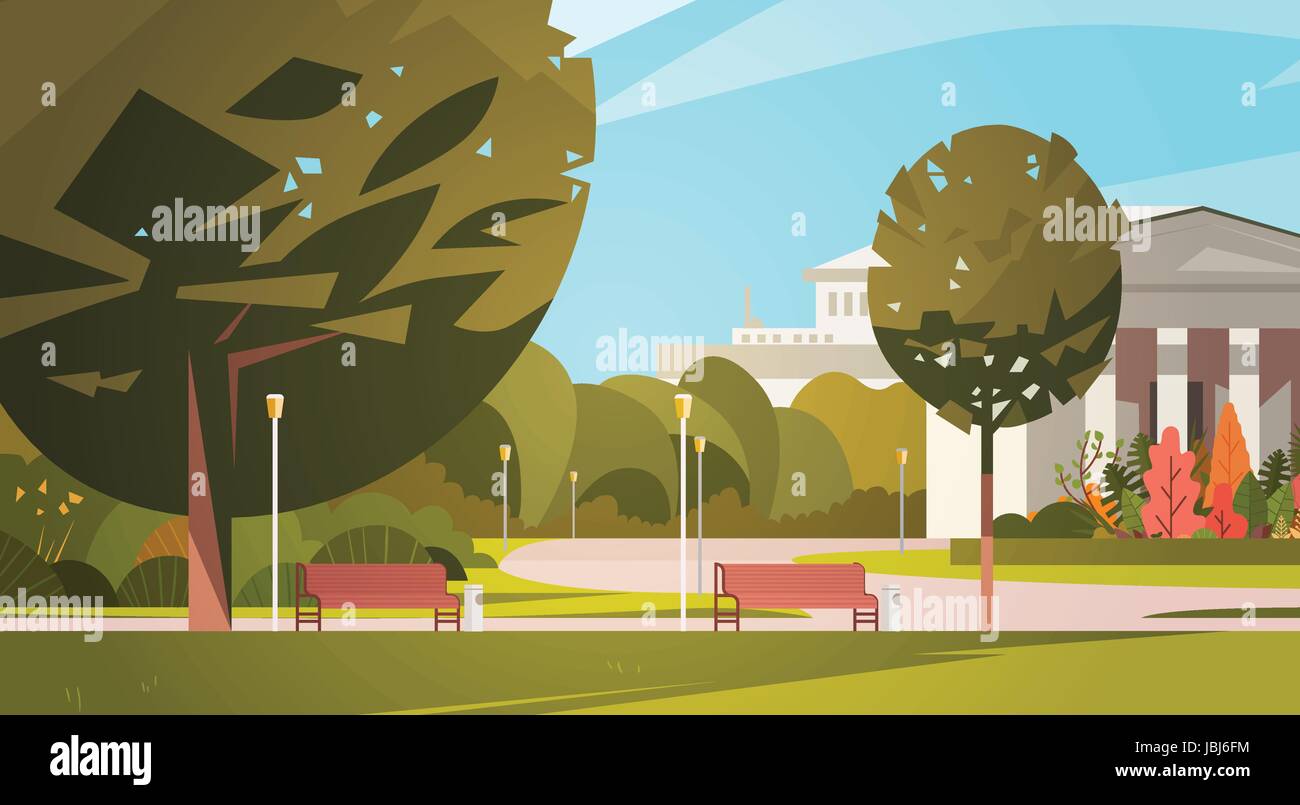 Summer City Park With Town Building Background Green Trees And Wooden ...