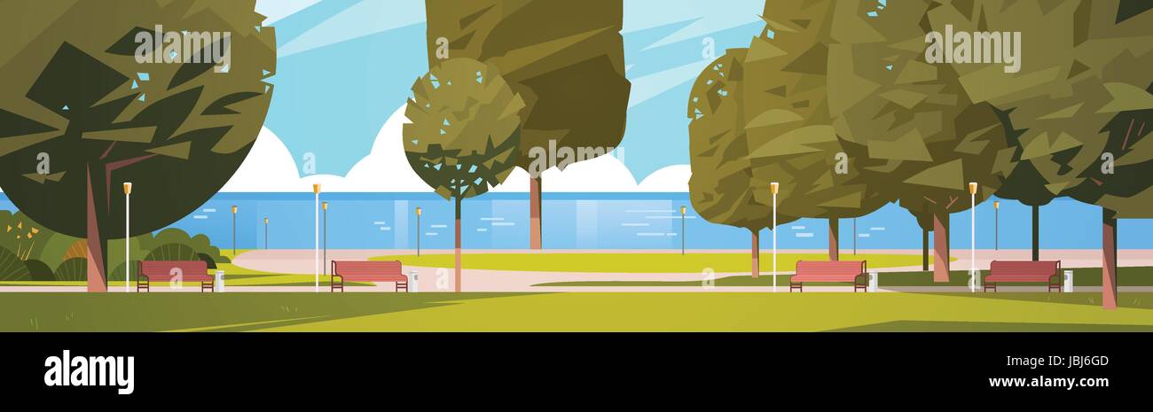 Summer City Park Near River Bank Green Trees And Wooden Benches Stock ...