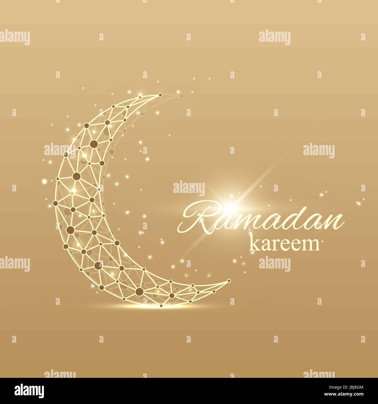 Ramadan Kareem text greetings background. Golden moon made from connected line and dots.Golden background with mandala decoration. Eid Mubarak celebration. Vector illustration. Stock Vector