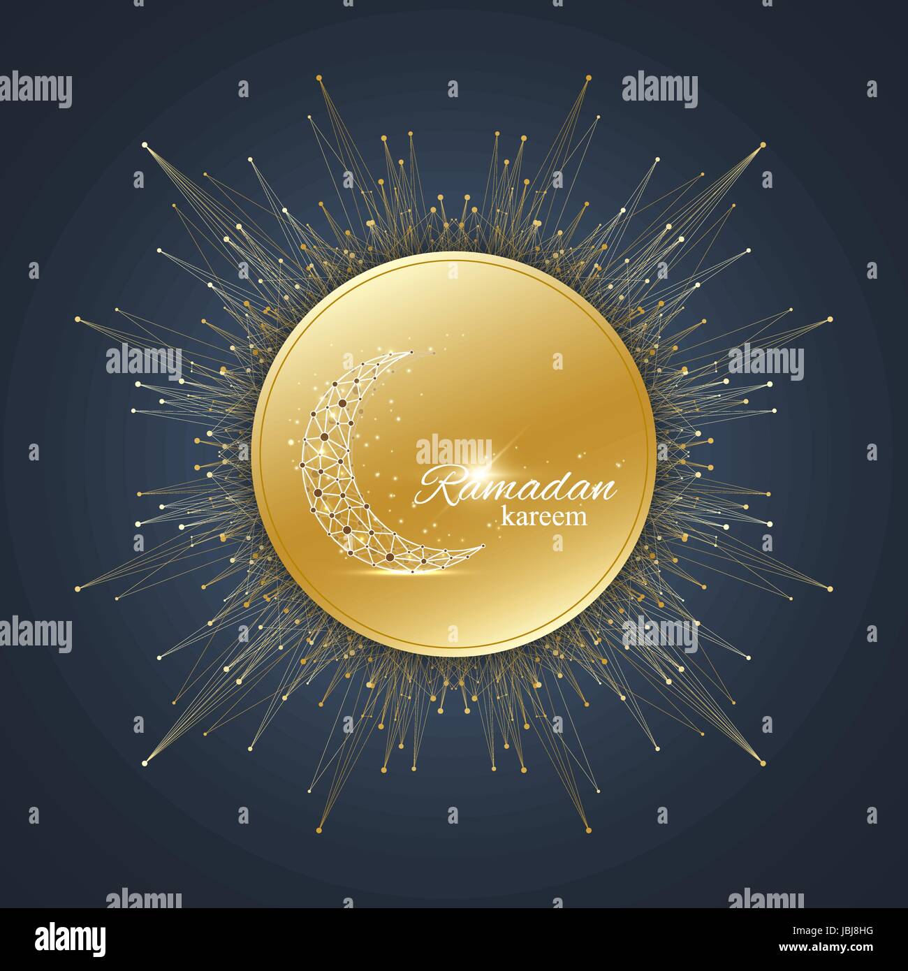Ramadan Kareem text greetings background. Golden moon made from connected line and dots.Black background with golden mandala decoration. Eid Mubarak celebration. Vector illustration. Stock Vector