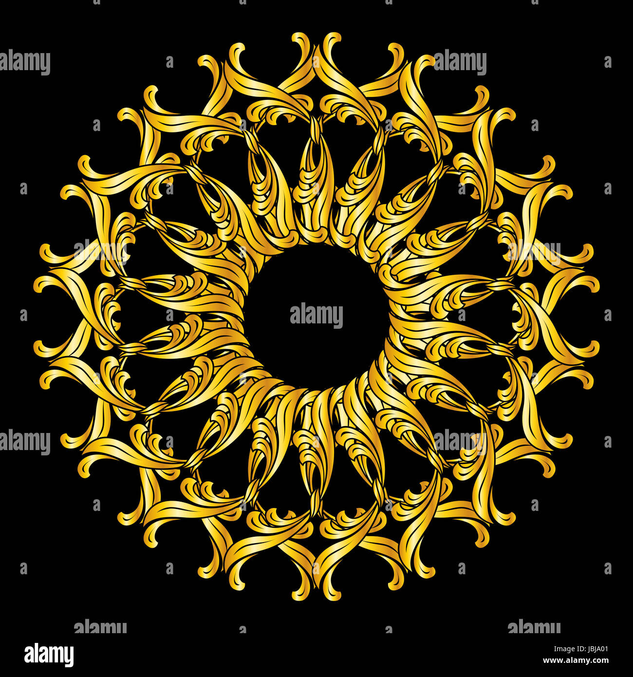 Ornate florid pattern in golden colors on black background Stock Photo ...