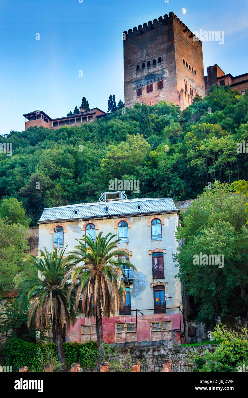 Alhambra Tower Moon from Walking Street Del Darro Albaicin Granada Andalusia Spain Stock Photo