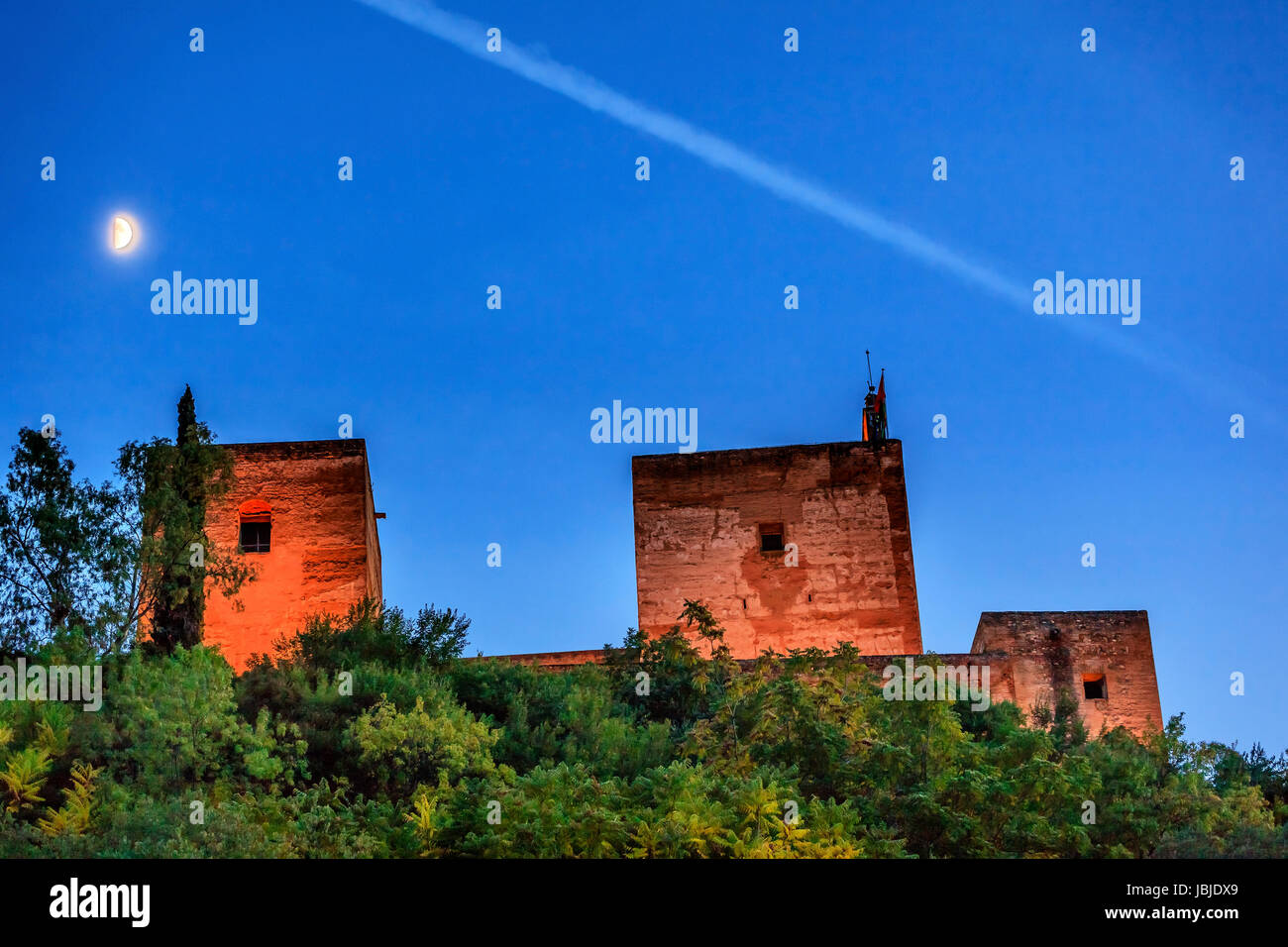 Alhambra Towers Moon from Walking Street Del Darro Albaicin Granada Andalusia Spain Stock Photo