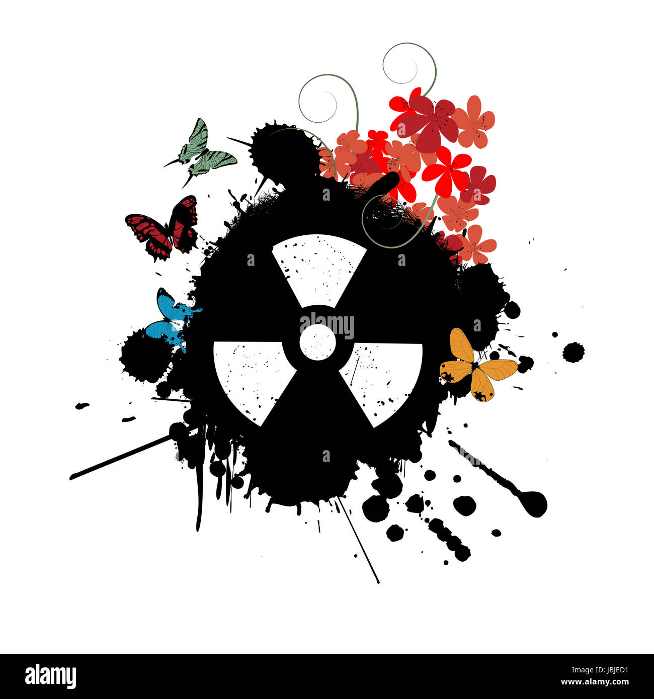 Abstract background with nuclear radiation warning sign, flowers and