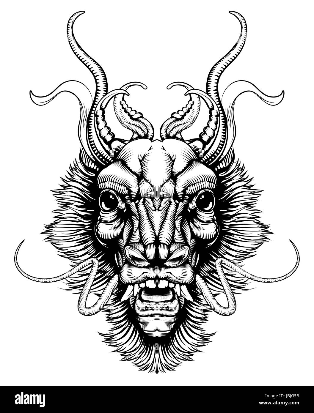 An original illustration of a dragon or monster head in a dynamic woodblock style Stock Photo