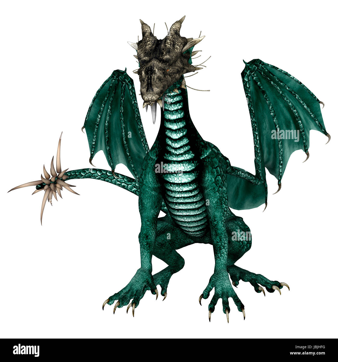 3D digital render of a sitting, green fantasy dragon isolated on white ...