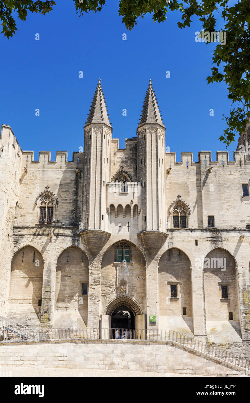 Gothic twin towered facade of the Palais Neuf, Palais des Papes, Palace Square, Avignon, France Stock Photo