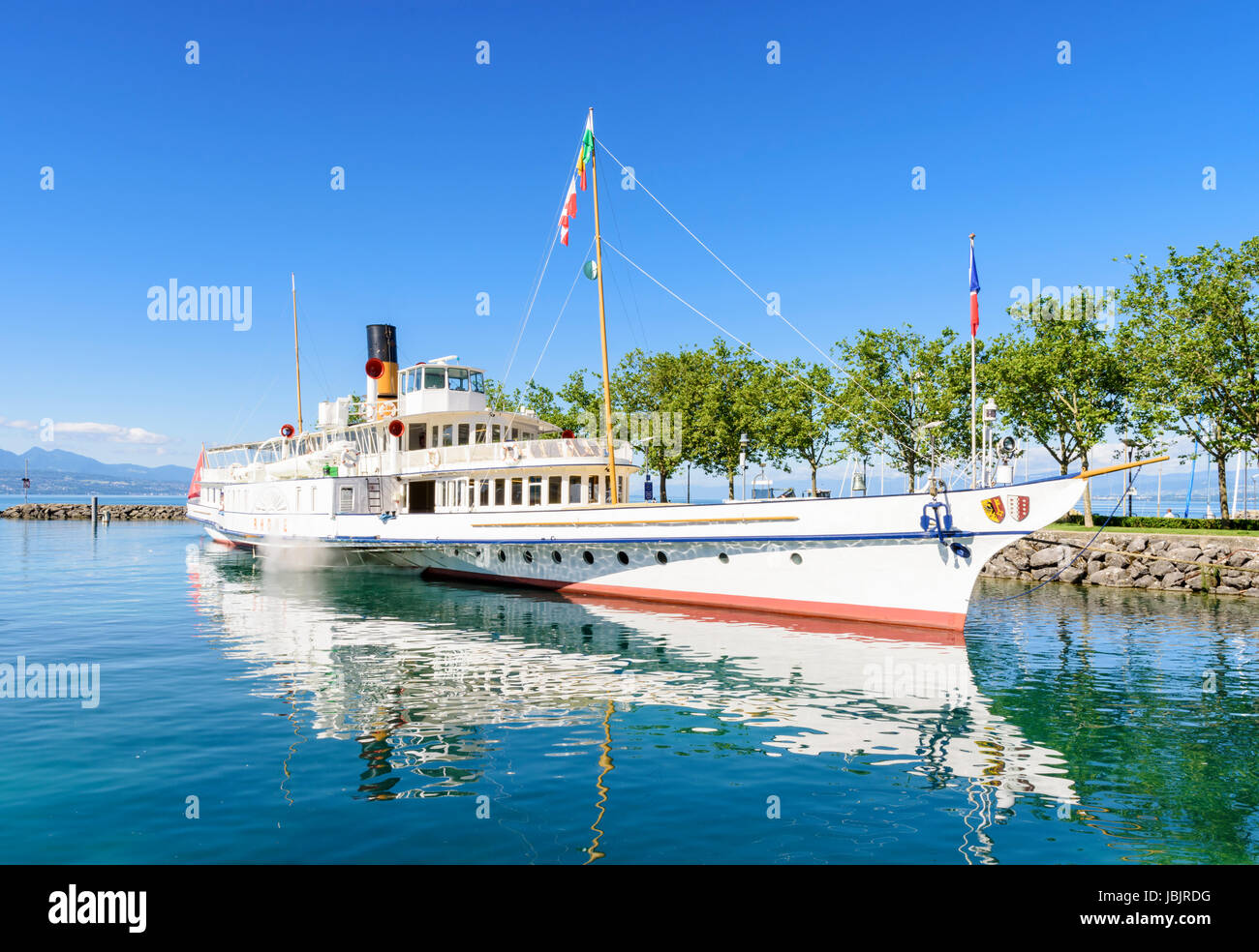 CGN Rhone paddle steamer boat moored in the port of Ouchy, Lausanne, Switzerland Stock Photo