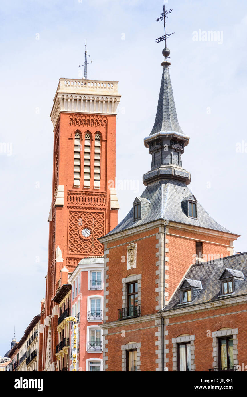 Detail of the Baroque Palace of Santa Cruz and tower of the Santa Cruz Church, Madrid, Spain Stock Photo