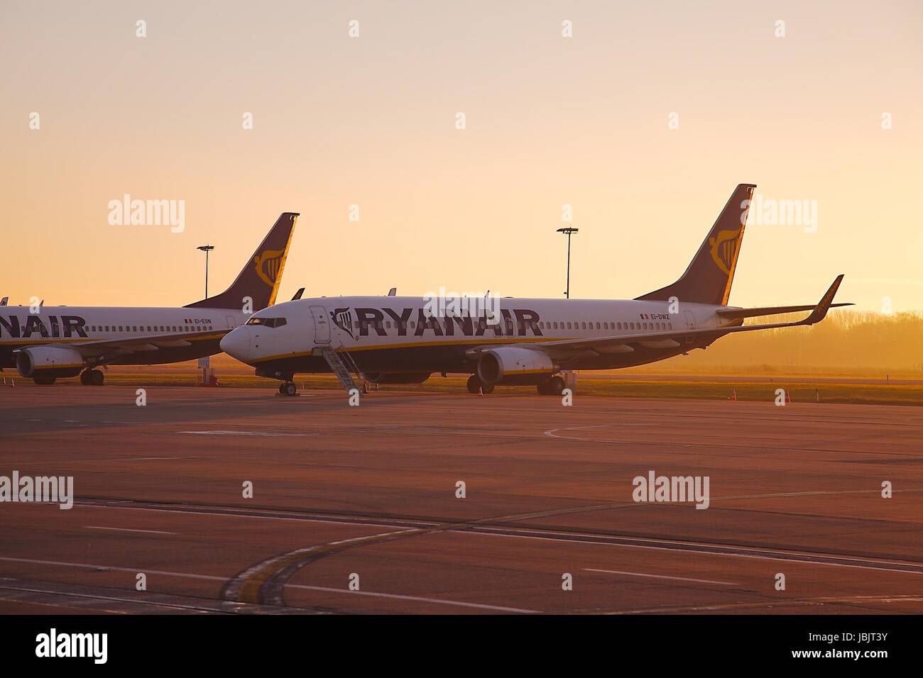 CHARLEROI, BELGIUM FEBRUARY 2 Airliners of Ryanair parked at