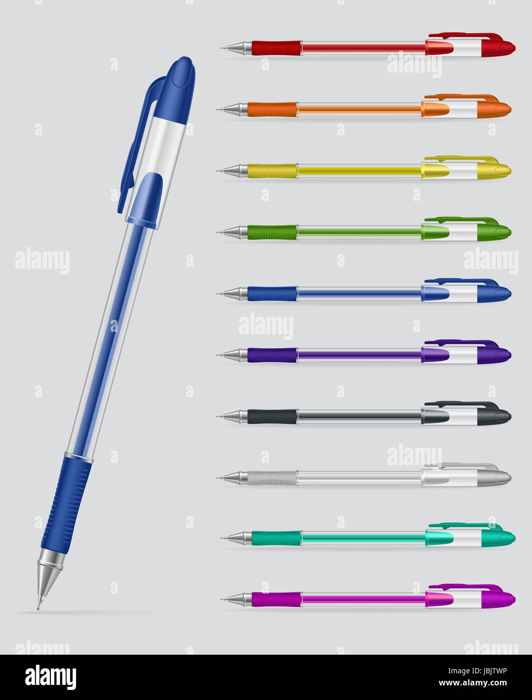 Set of colorful gel pens with open caps isolated on white background