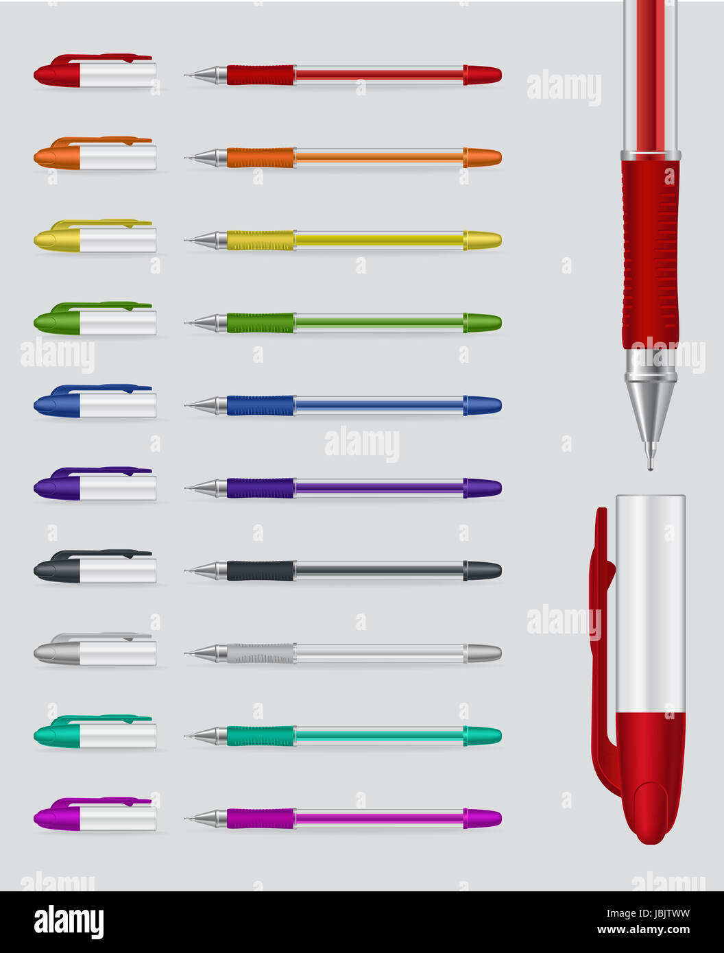 Set of color gel pens with open caps isolated on white background Stock