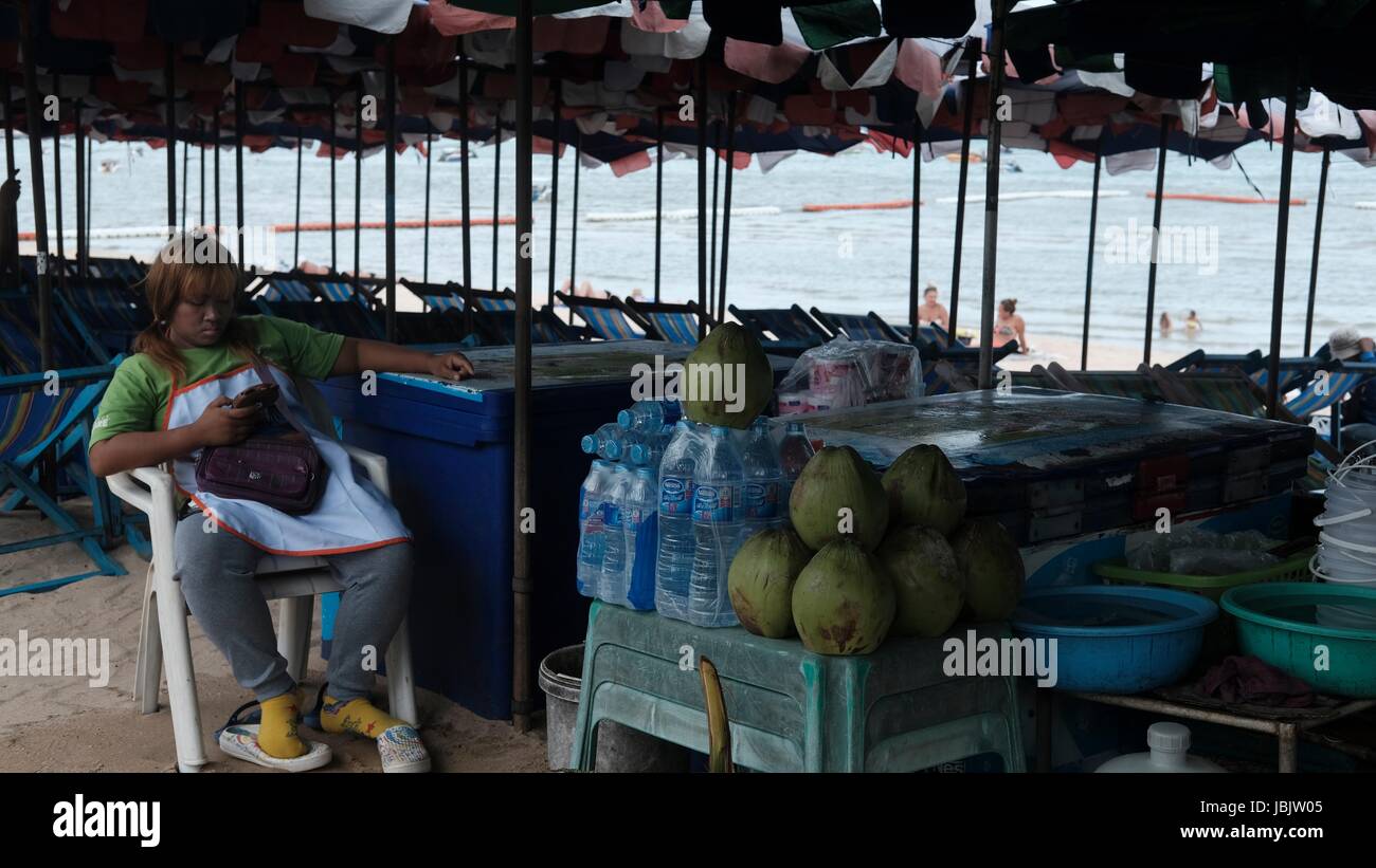 Fresh Coconut Milk Drink vendors on Beach Road in Pattaya Thailand on