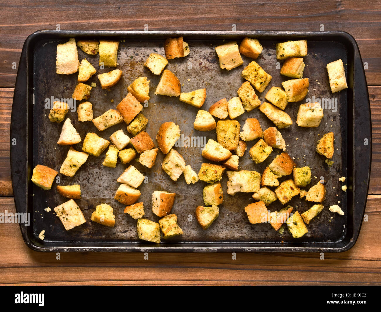 close up of a tray of rustic homemade croutons Stock Photo