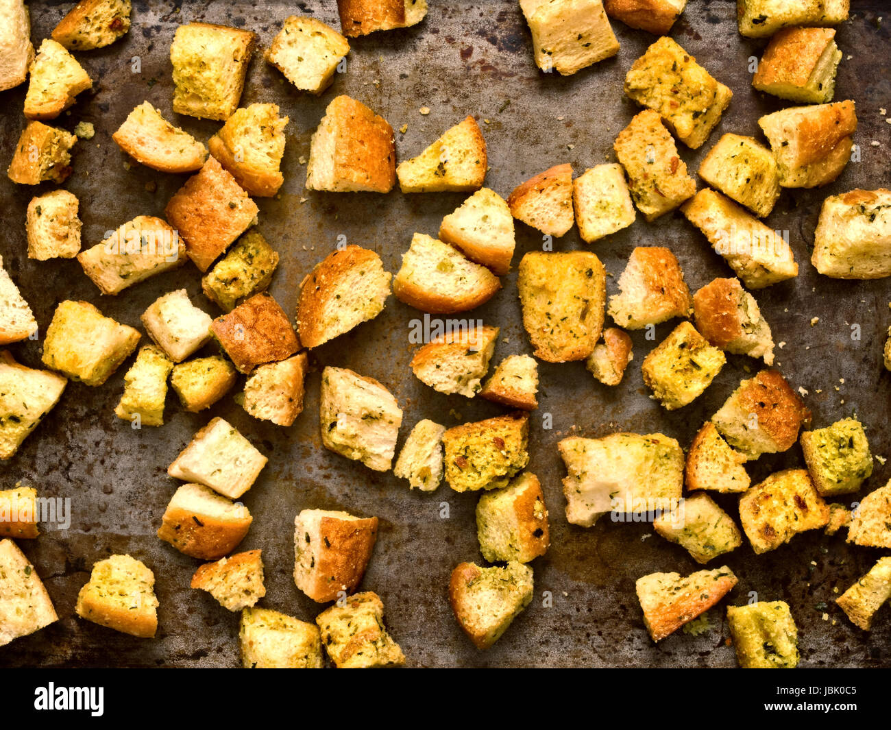 close up of rustic homemade baked croutons Stock Photo