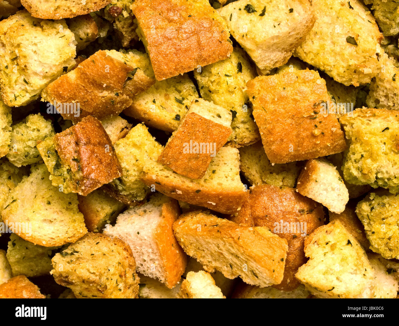 close up of rustic homemade croutons food background Stock Photo