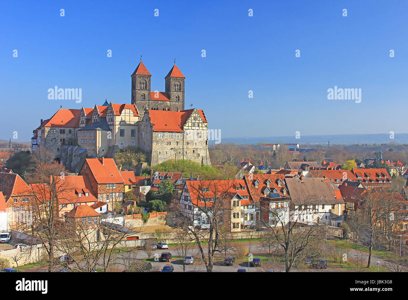 Der Schlossberg von Quedlinburg mit der Stiftskirche St. Servatii und den Stiftsgebäuden, Sachsen-Anhalt, Deutschland Stock Photo