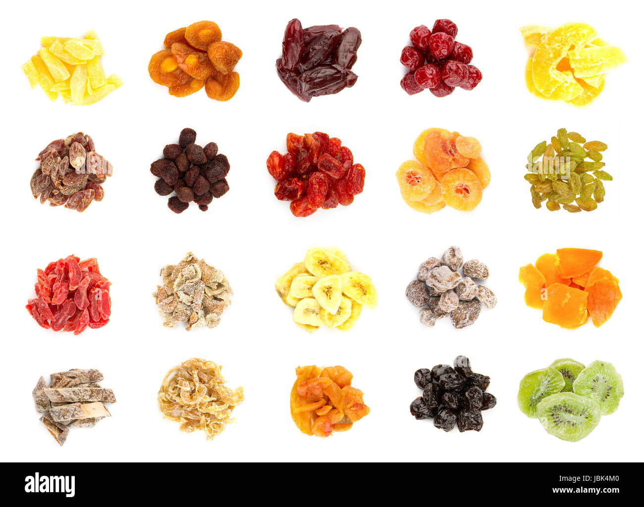 collection of 20 different kinds of dried fruit isolated on the white