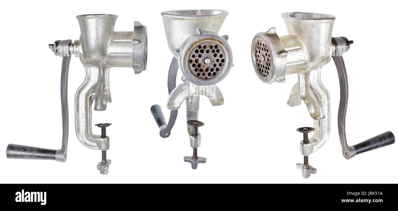 set of old iron meat mincers isolated on white background Stock Photo