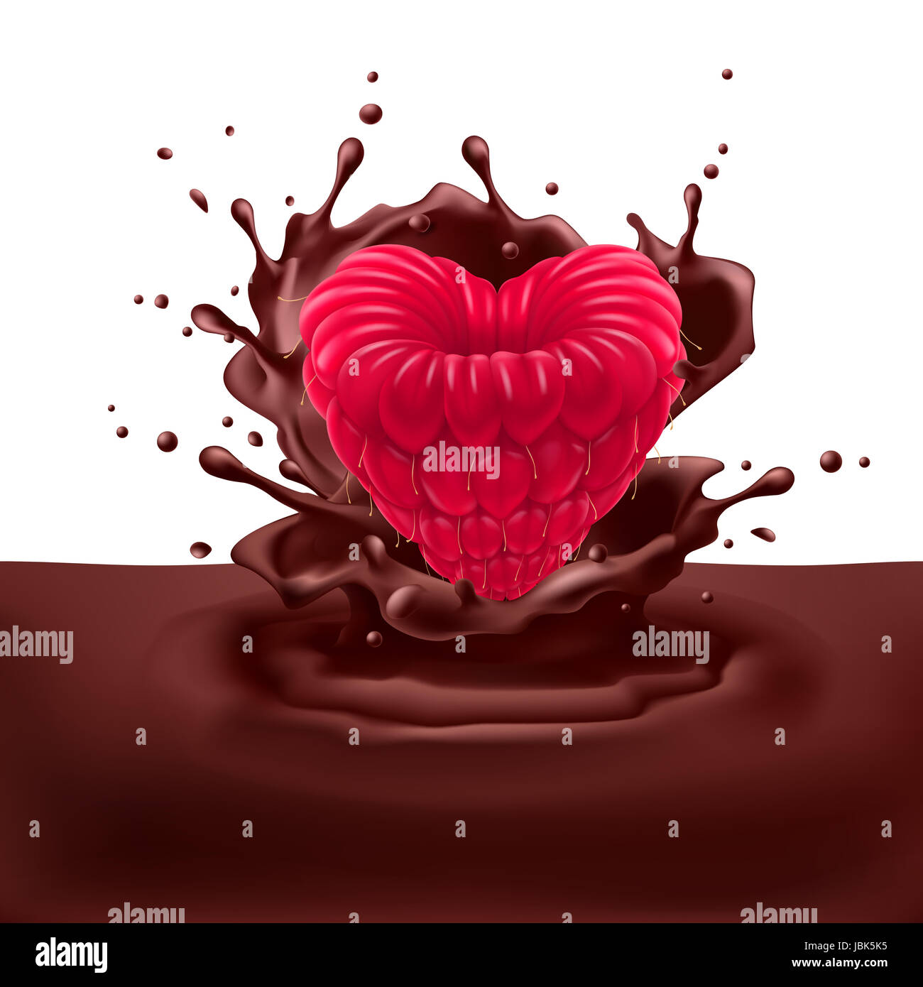 Appetizing raspberry heart dipping into chocolate with splashes Stock ...