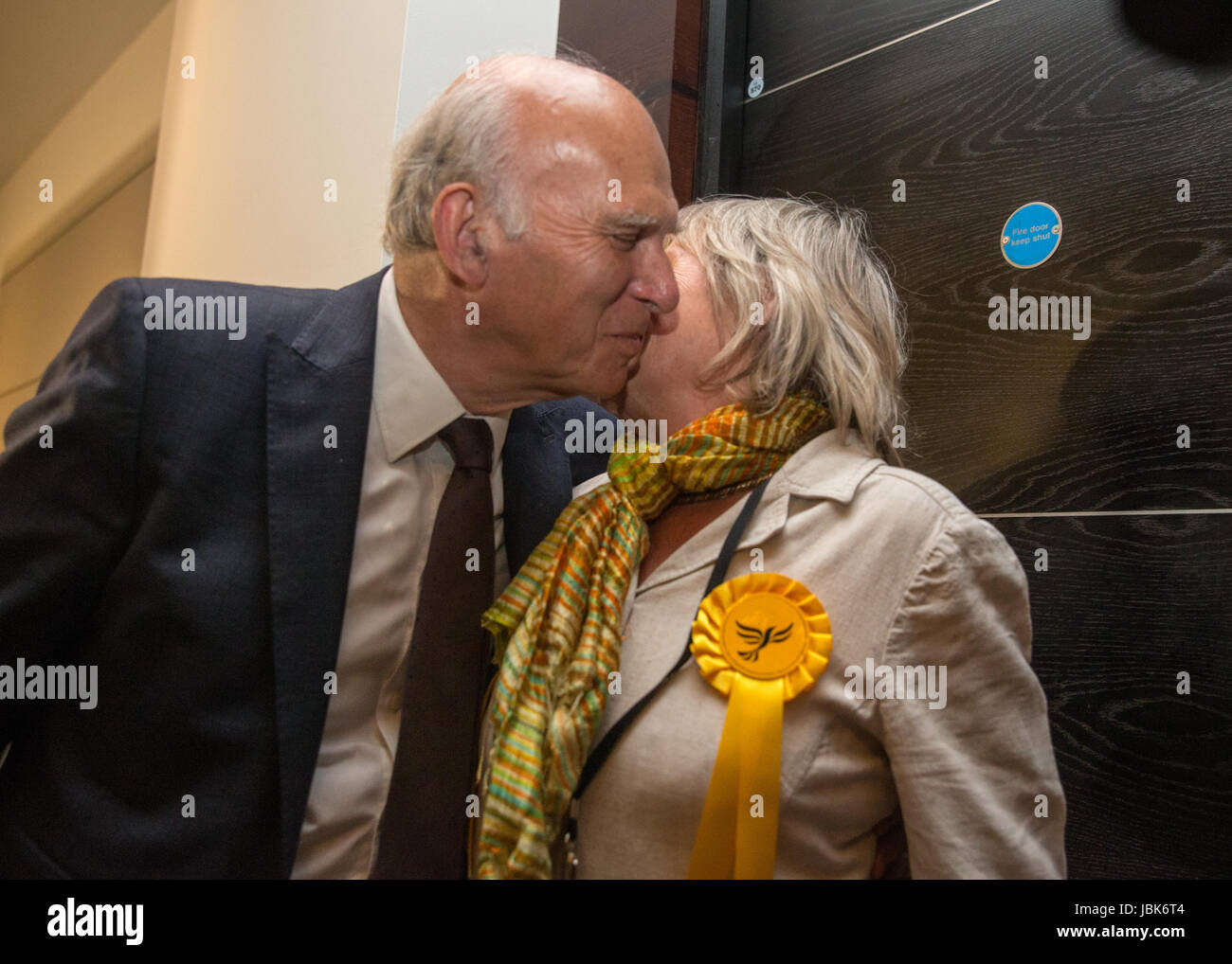 Vine Cable is congratulated by his wife , Rachel Smith ,after being elected the MP for Twickenham on the night of the June 8th election Stock Photo
