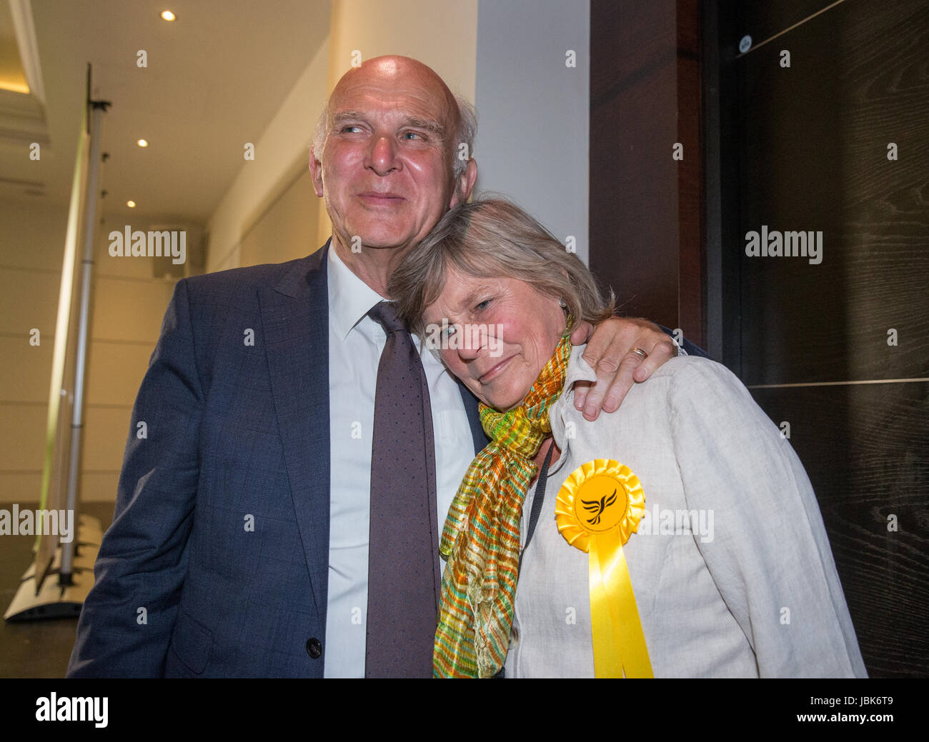 Vine Cable is congratulated by his wife , Rachel Smith ,after being elected the MP for Twickenham on the night of the June 8th election Stock Photo