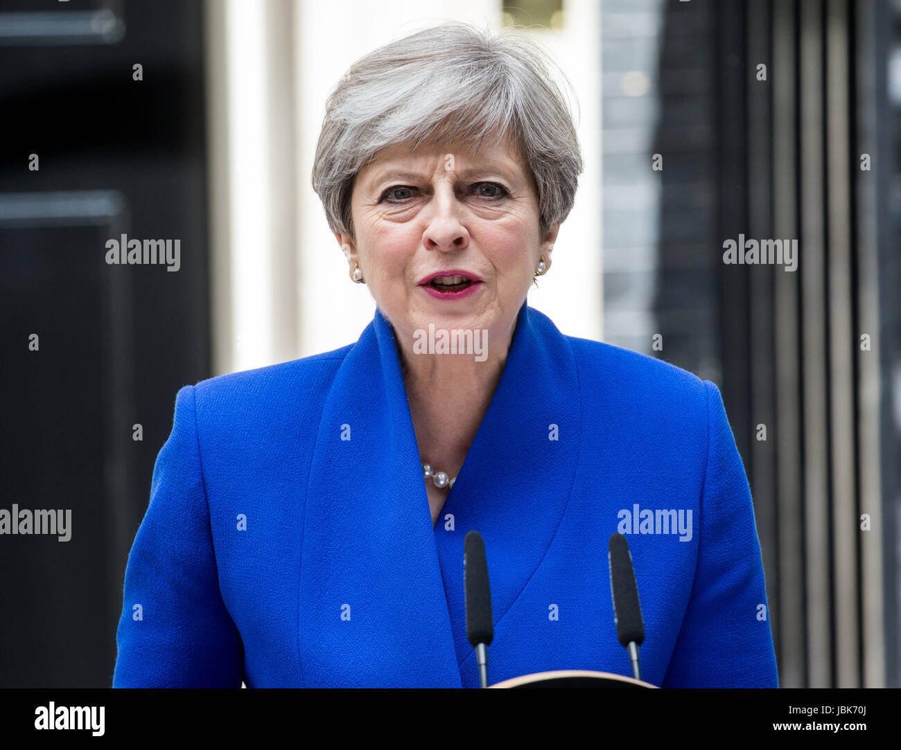 Prime Minister, Theresa May, makes a statement in Downing street following the June 8th election which resulted in a hung parliament. Stock Photo