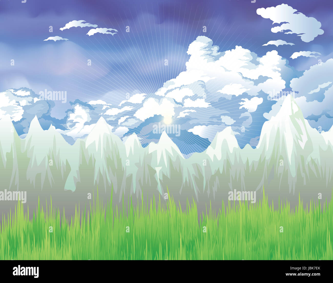 Mountain landscape with sun and clouds. Holiday illustration card Stock ...