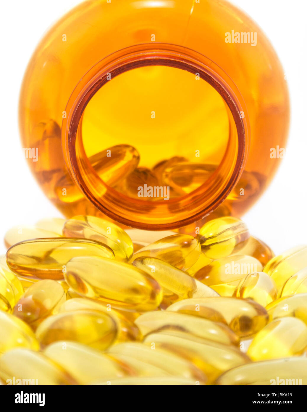 Cod liver oil omega 3 gel capsules isolated on white background Stock Photo