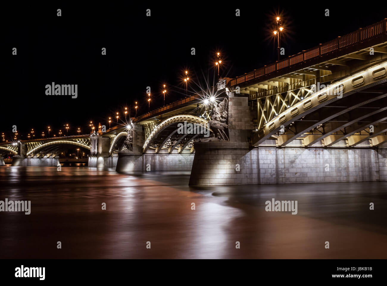 Margit híd or Margaret Bridge is a bridge in Budapest, Hungary, connecting Buda and Pest across the Danube river. It is the second northernmost and second oldest public bridge in Budapest. Stock Photo