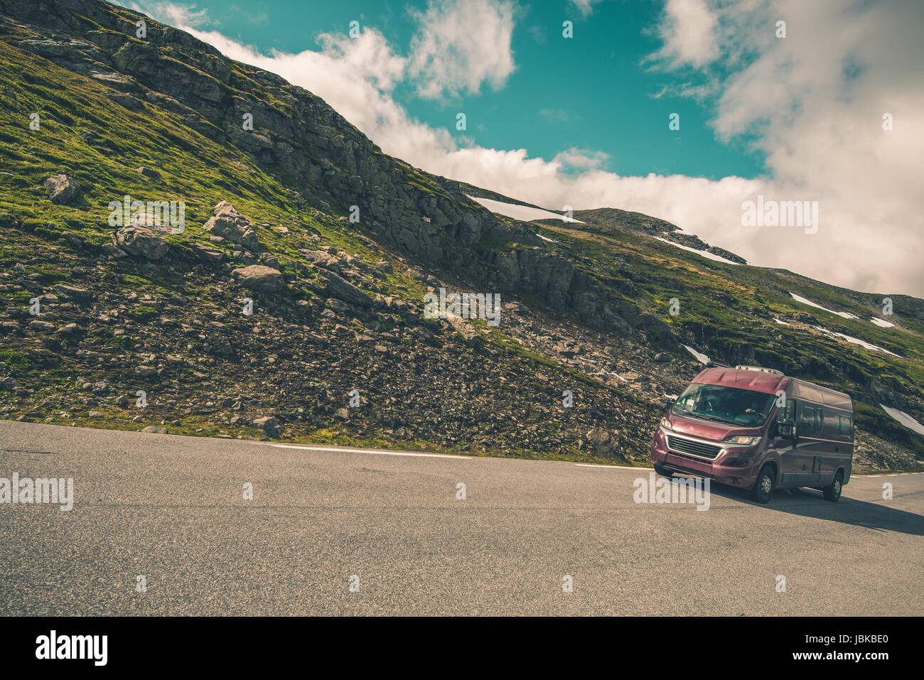 Recreation Vehicle RV Travel. Modern Burgundy Camper Van on the Scenic ...