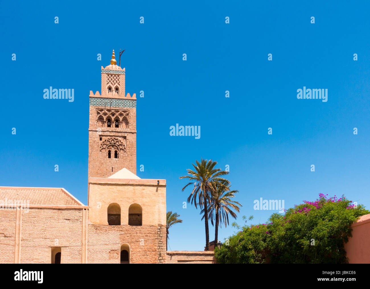 Closeup of the Koutoubia Mosque in Marrakech, Morocco, North Africa against clear blue sky. Stock Photo
