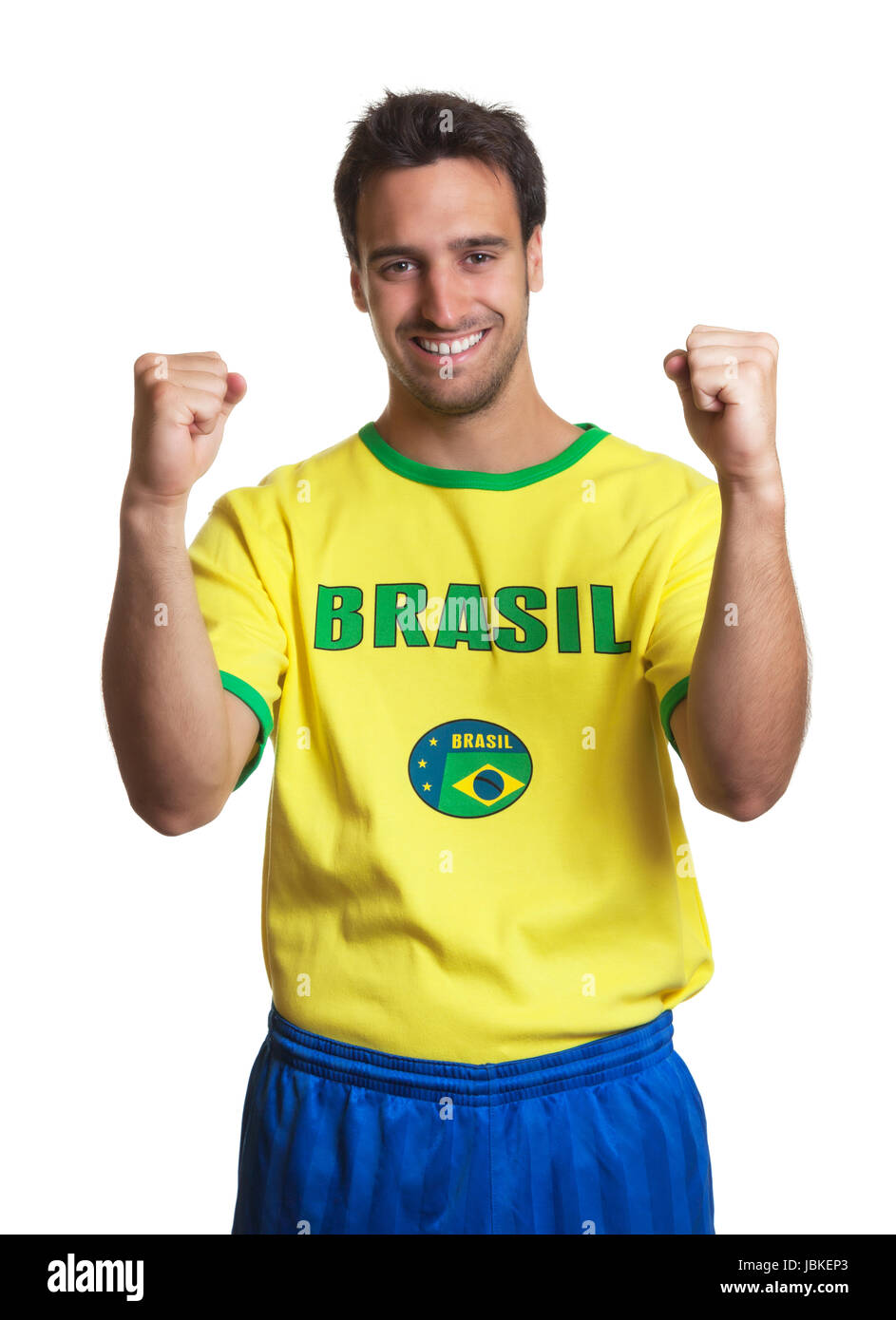 Cheering brazilian soccer fan is happy about his national team on an