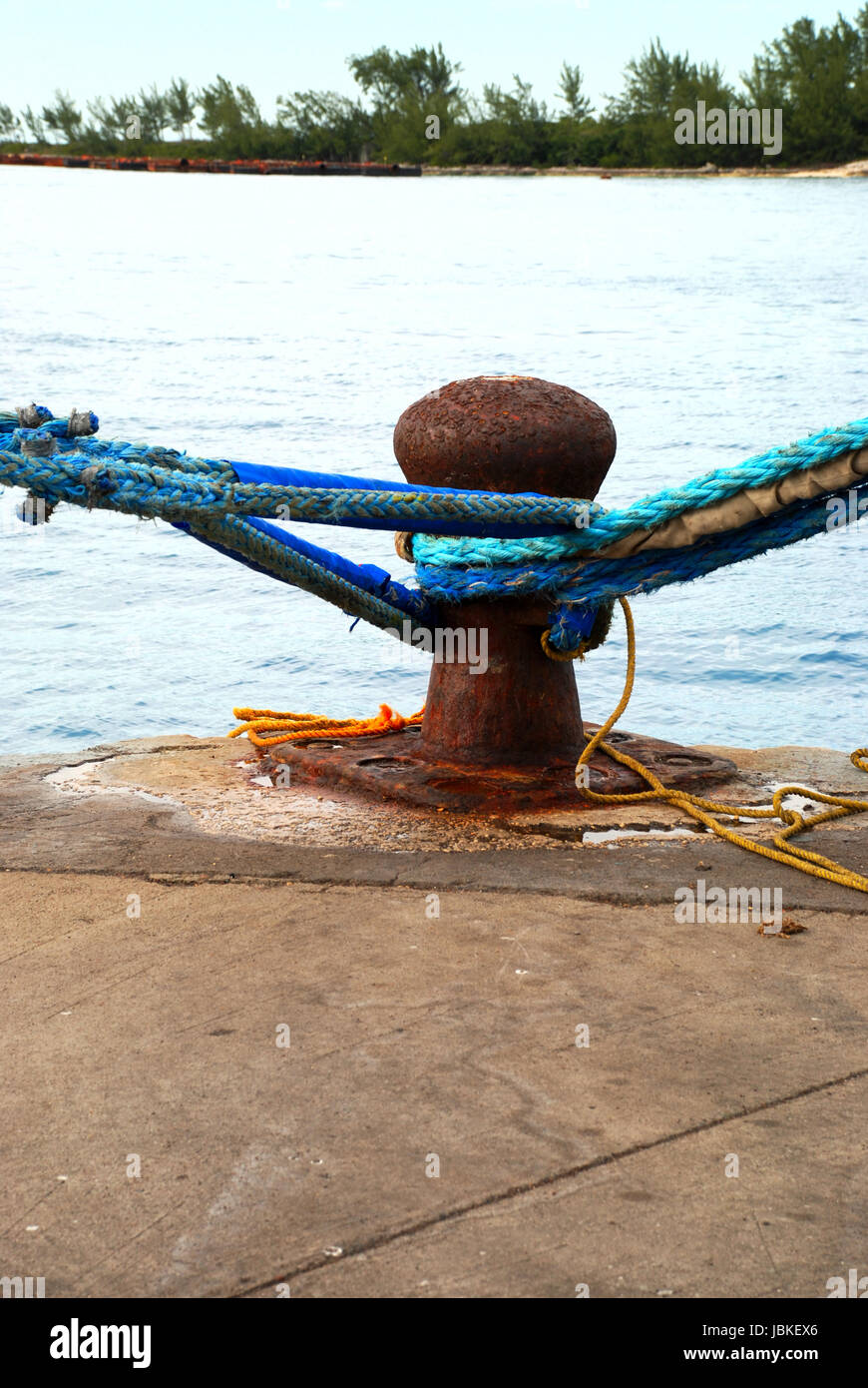 stock picture of ship ropes and structures to mooring the ship on the dock Stock Photo