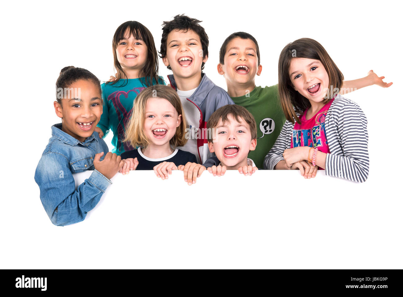 Group of children with a white board isolated in white Stock Photo - Alamy