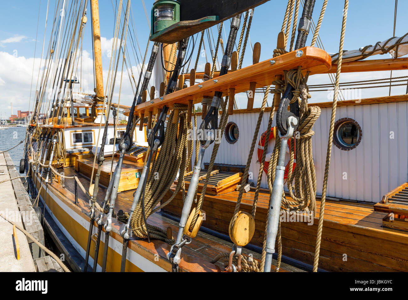 Tackles of ancient wooden sailing ship Stock Photo