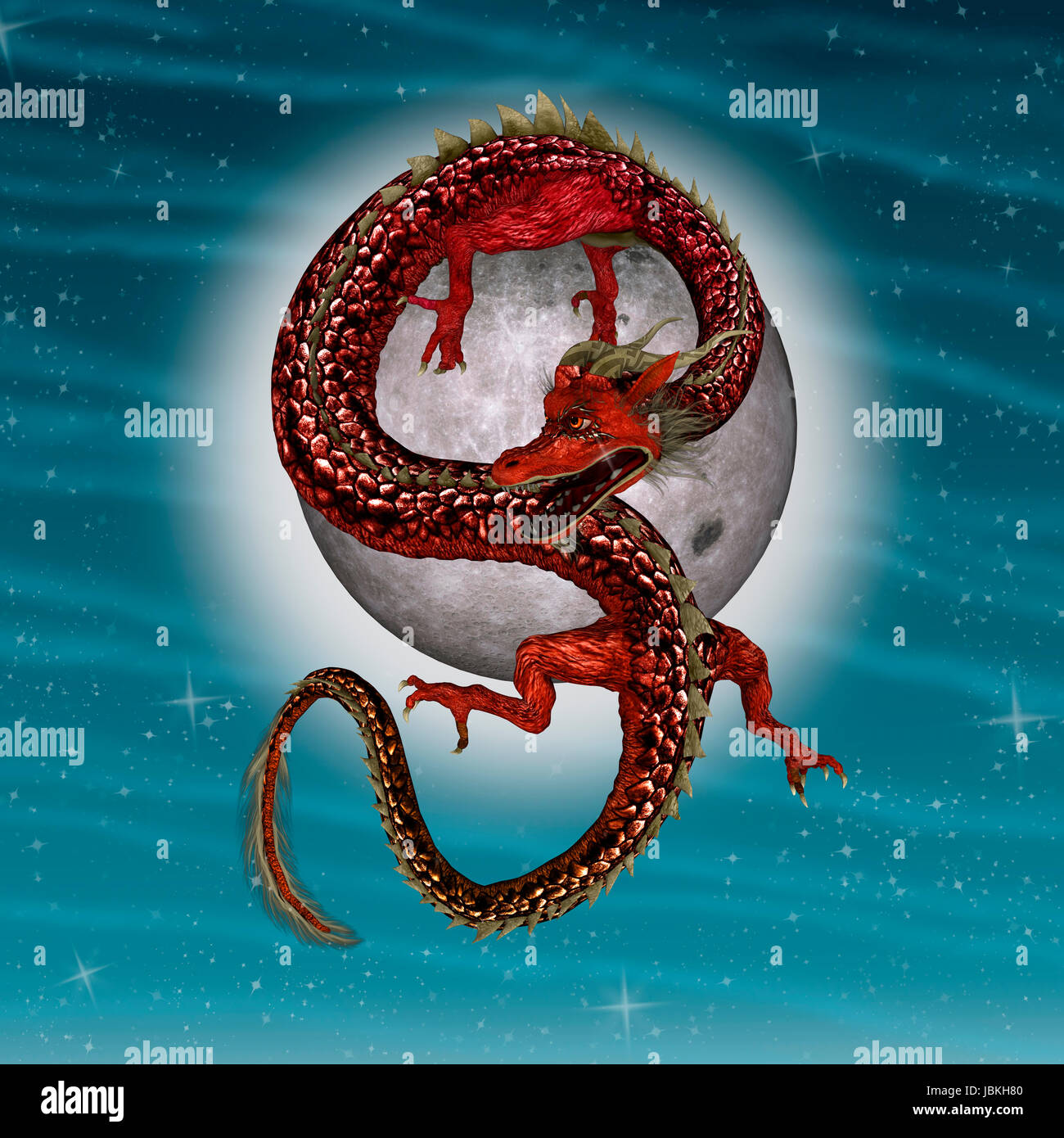 3D digital render of a red fantasy eastern dragon, a fool moon and stars on  blue sky background Stock Photo