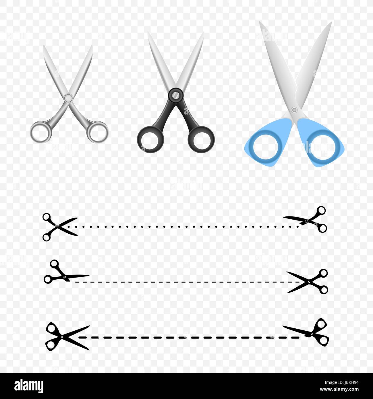 Different scissors set collectoin and scissor cutting line silhouette