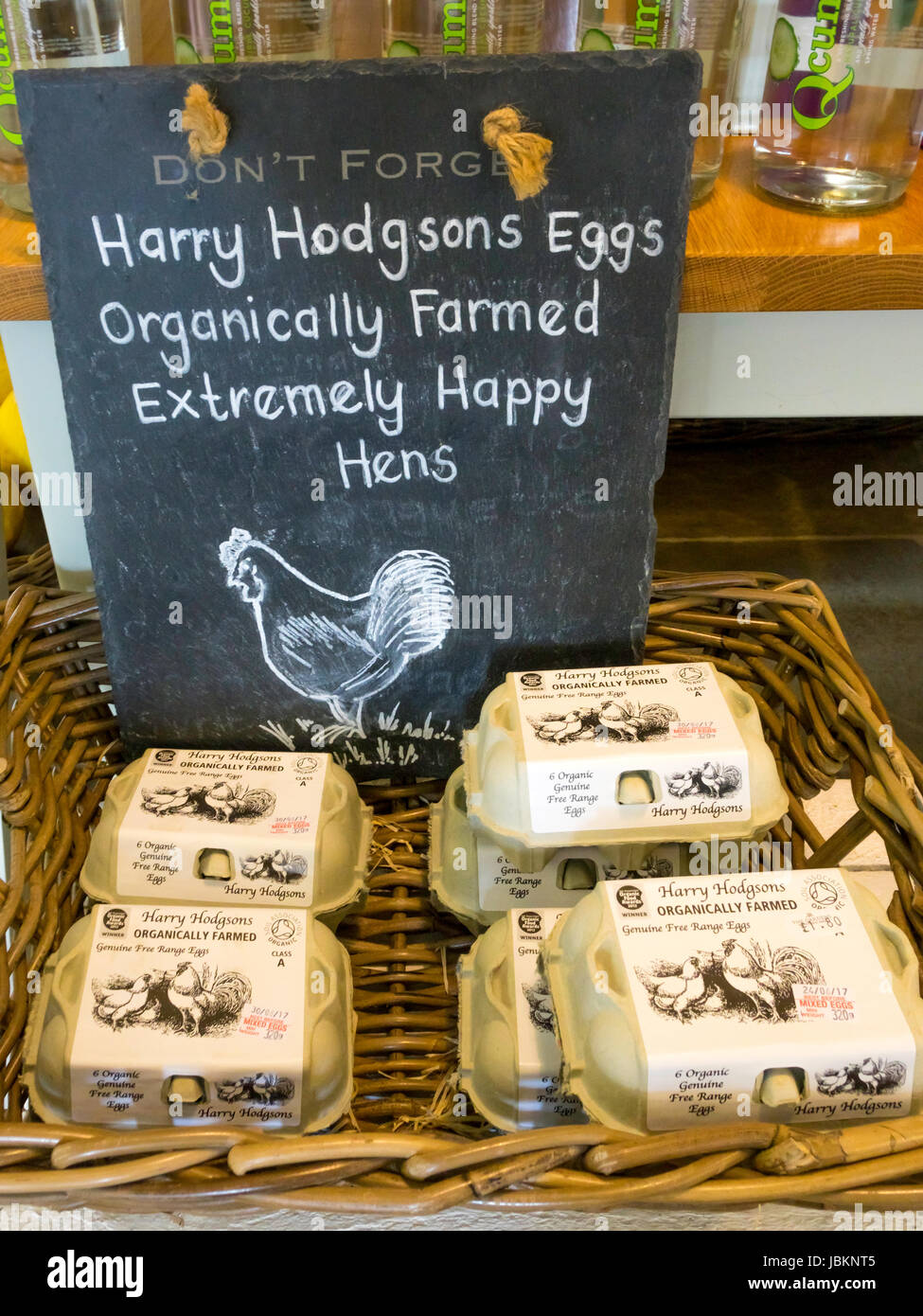 Harry Hodgsons Organically farmed eggs from extremely happy hens for sale in a specialist retailer's shop Stock Photo