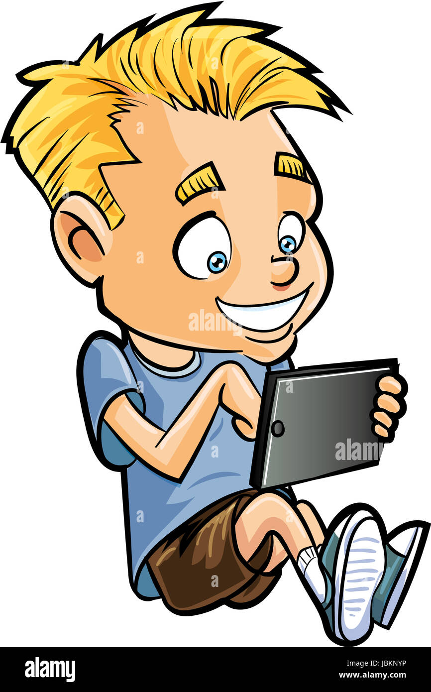 Cartoon of little boy using a computer tablet. Isolated Stock Photo - Alamy