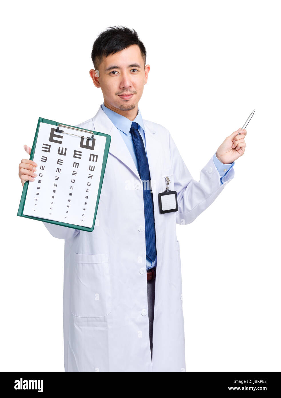 Male doctor holding optometry chart and pen pointing up Stock Photo