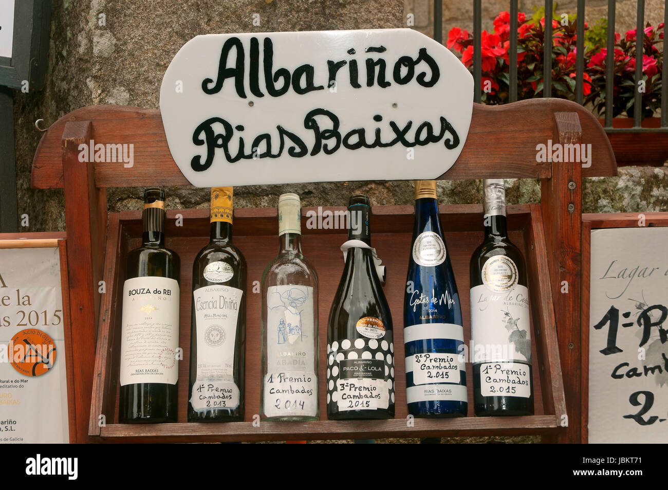 Galician Albarino wine bottles, Cambados, Pontevedra province, Region of Galicia, Spain, Europe Stock Photo