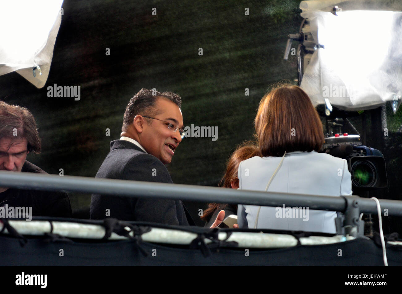 Krishnan Guru-Murthy, Channel 4 news journalist and presenter, on College Green, Westminster, 9th June 2017, the day after the general election Stock Photo