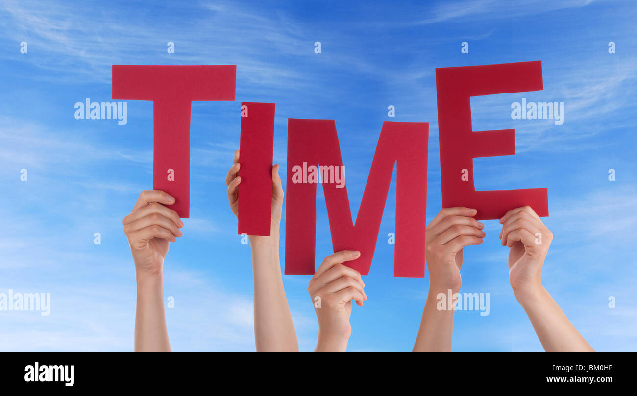 Many Hands Holding the Word Time in the Sky Stock Photo - Alamy
