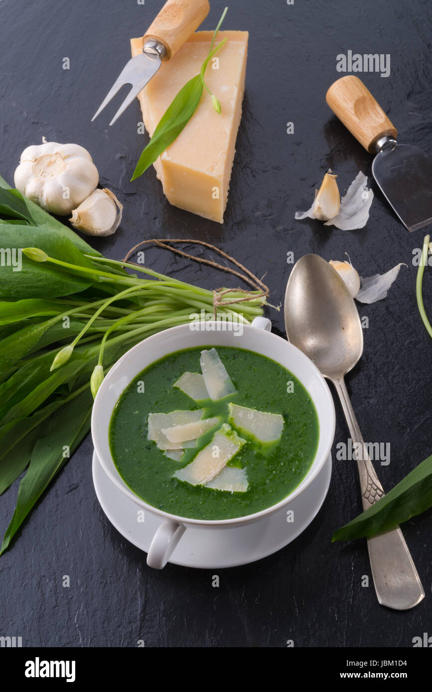 wild garlic soup with Parmesan Stock Photo