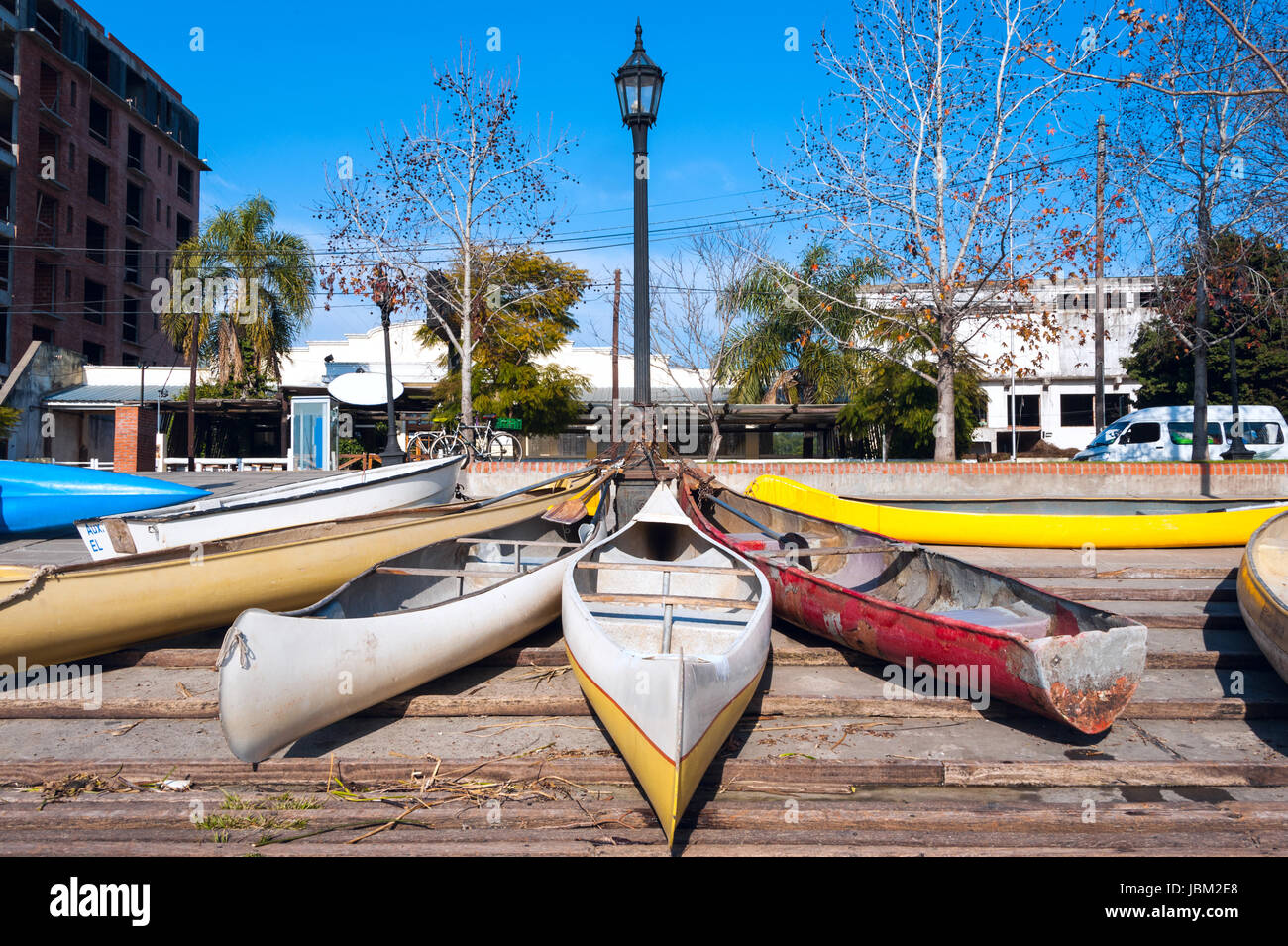 Parking of personal vehicles in El Tigre, a town in the delta of the Rio de la Plata, province of Buenos Aires, Argentina Stock Photo